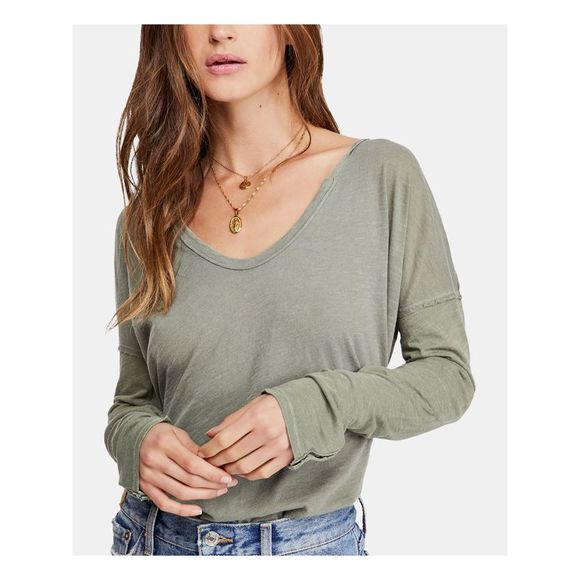 FREE PEOPLE Tops - FREE PEOPLE Womens Green Long Sleeve Scoop Neck Top M
